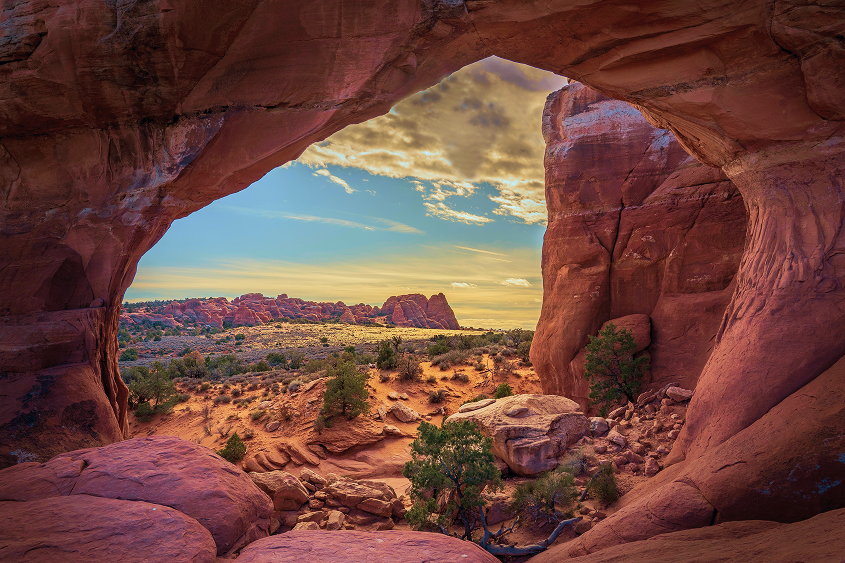 Desert arch at sunset